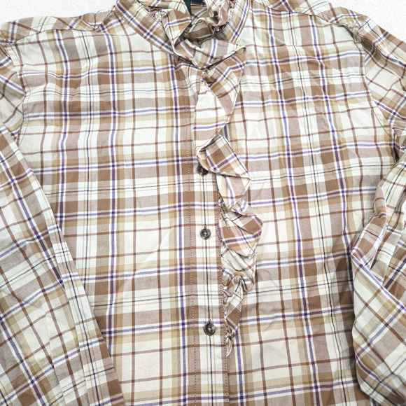 Y2K Lauren Jeans Co. Plaid Tan Ruffle Button Up 2000s Western Blouse Size XL - Picture 6 of 12